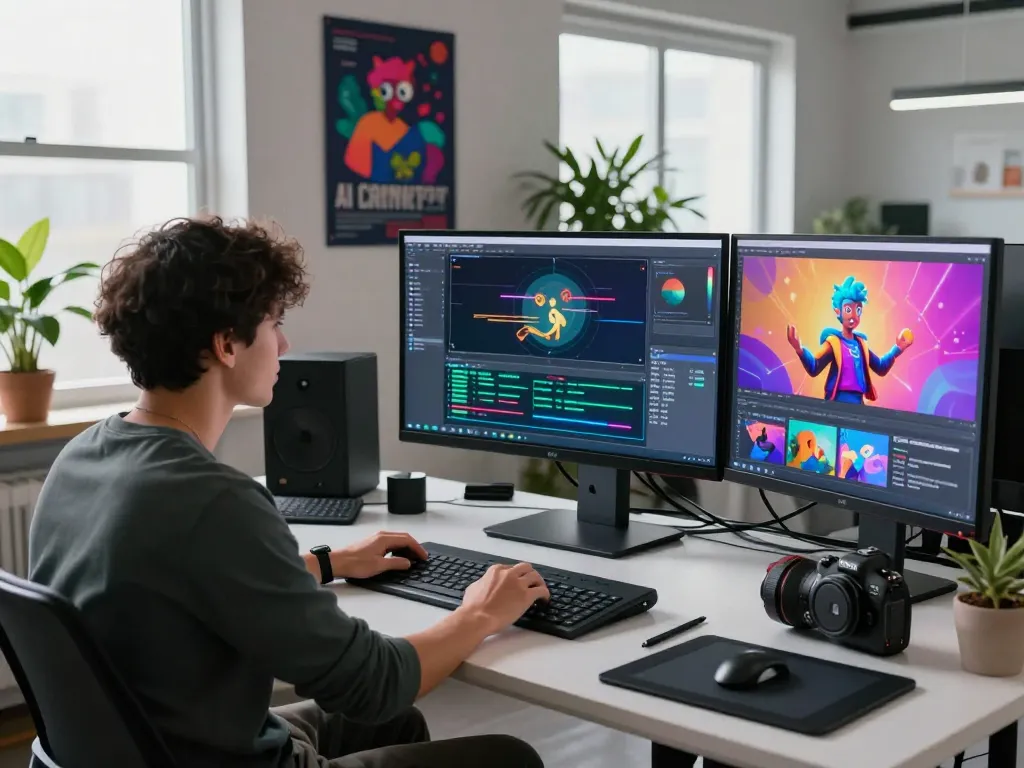 Digital artist using mind control ai technology in a creative video studio
