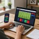 Pengguna SBOBET88 aktif memasang taruhan olahraga di laptop kantor rumah yang stylish, dengan antarmuka taruhan yang cerah dan catatan strategis yang terlihat.
