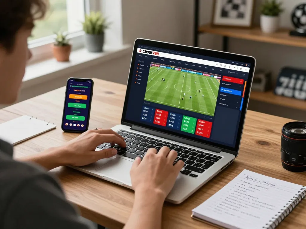Pengguna SBOBET88 aktif memasang taruhan olahraga di laptop kantor rumah yang stylish, dengan antarmuka taruhan yang cerah dan catatan strategis yang terlihat.