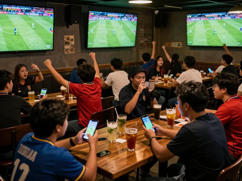 Para penggemar merayakan dan memasang taruhan pada Judi Bola di suasana bar olahraga yang energik.