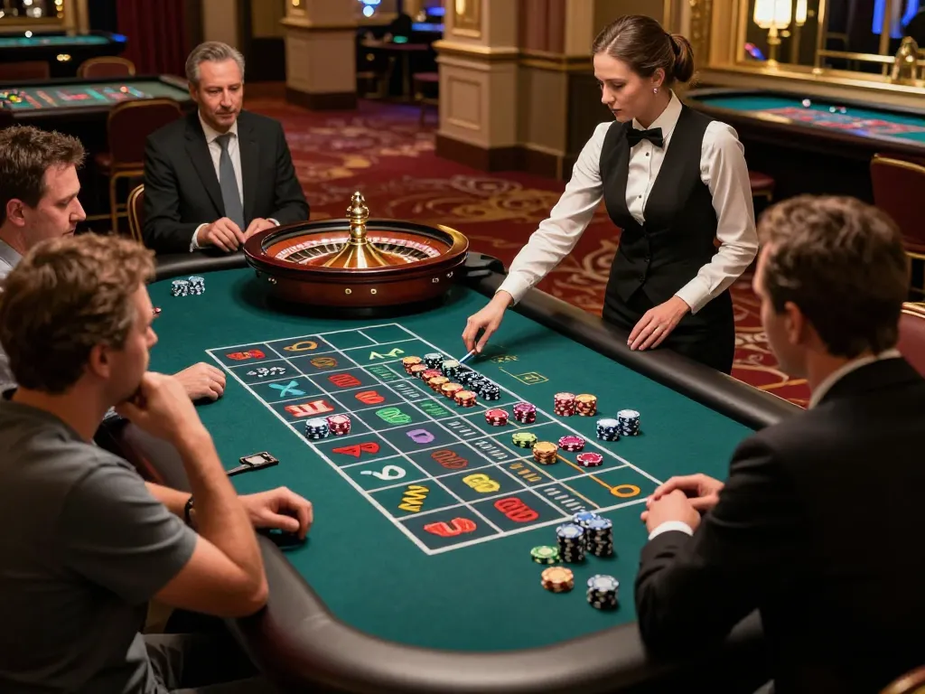 Players at a roulette table excitedly placing bets and observing tỷ lệ nhà cái while experiencing a classic casino atmosphere.