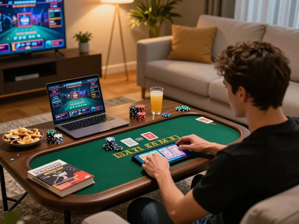 Player enjoying live dealer blackjack on LV88 app, surrounded by snacks and strategy notes.
