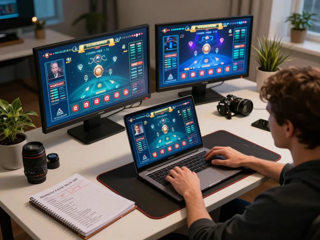 Engage with hytw3339 through a vibrant online blackjack game on a stylish gaming setup, showcasing strategic notes and lively visuals.