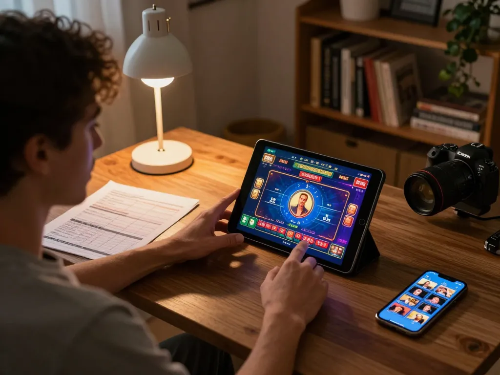 Person using tablet for online gaming on thabete, showing betting strategies and casino game interface.