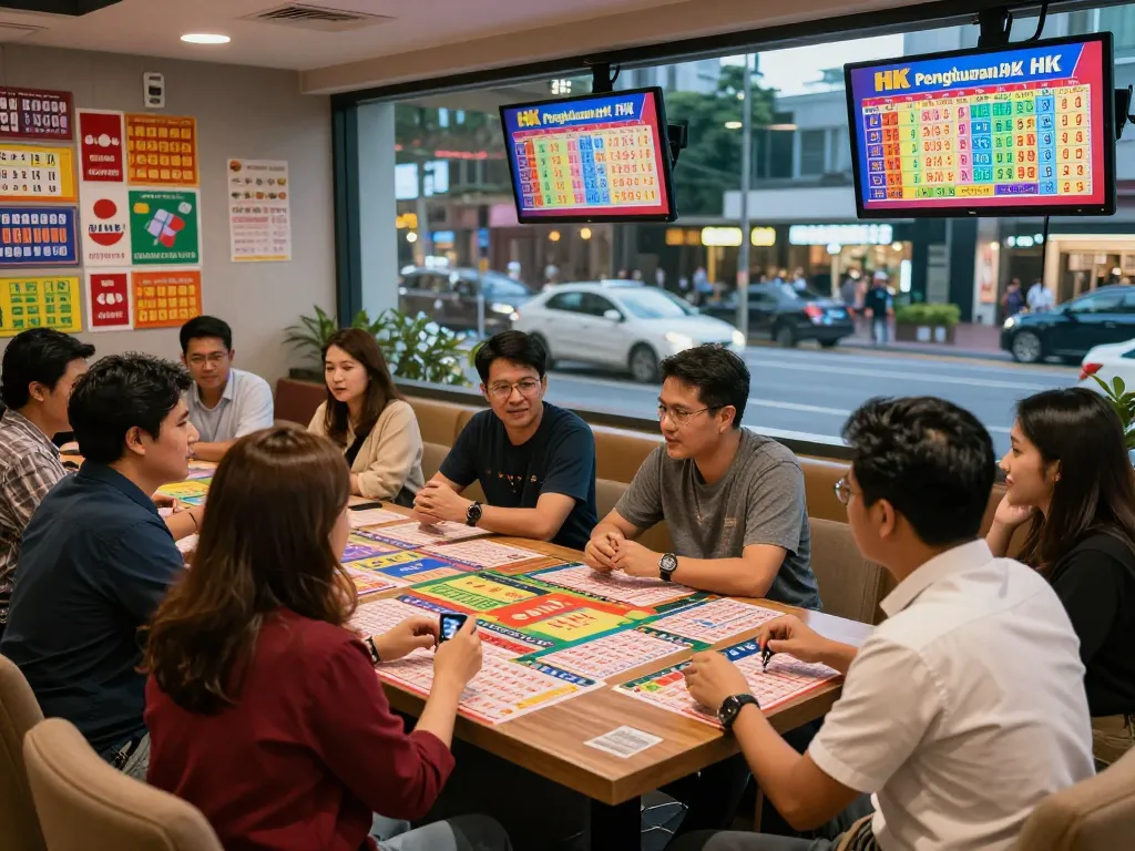 Penjudi yang bersemangat mendiskusikan hasil Pengeluaran HK Lotto di sebuah lounge yang ramai dengan tiket lotere dan layar digital.