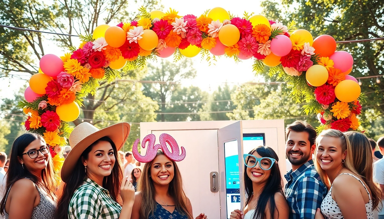 Capture the joy of a photo booth rental at an outdoor event, with guests enjoying fun props.