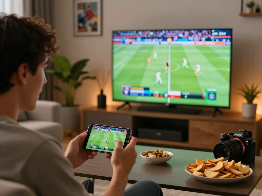 Placing strategic kèo nhà cái bets on a smartphone while watching live football in a modern living room