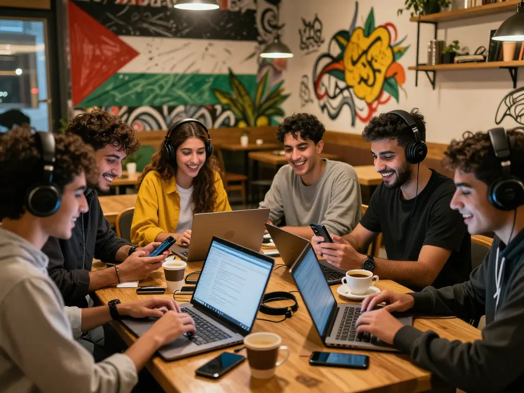Engaging group of young people using شات فلسطين in a cozy café, showing connection and cultural vibrancy.