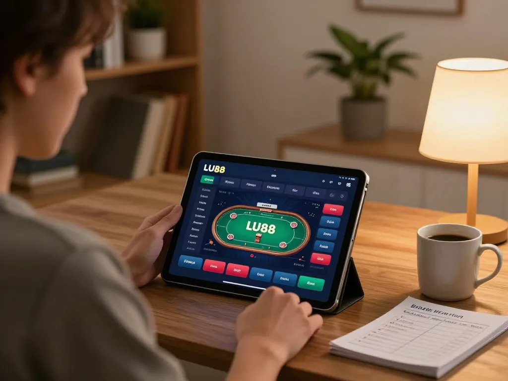 LU88 player engaging in online casino gaming with tablet in cozy home environment.