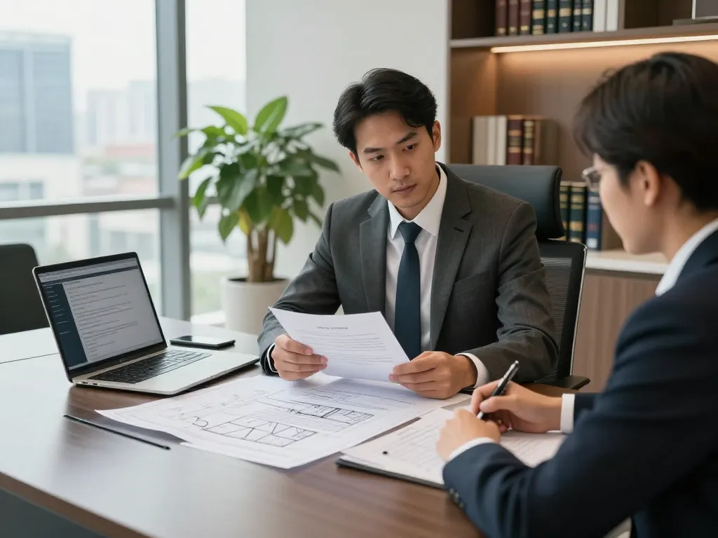 Construction lawyer York Region discussing contracts with a client in a modern office.