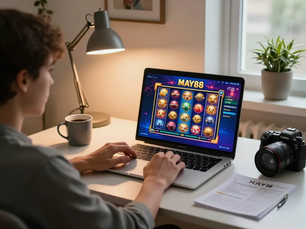 MAY88 online gaming experience with a player engaged in colorful slot gameplay at home.