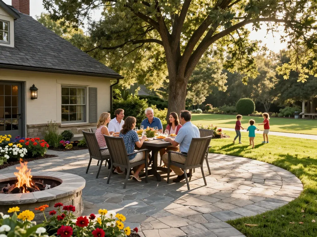 Paver patio near me with a family enjoying an outdoor meal, vibrant flowers, and a fire pit.