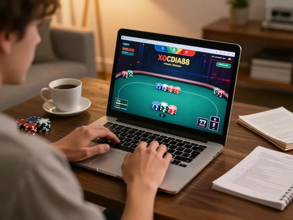 Person playing poker on XOCDIA88 online gaming platform showcasing vibrant gameplay and strategic engagement.