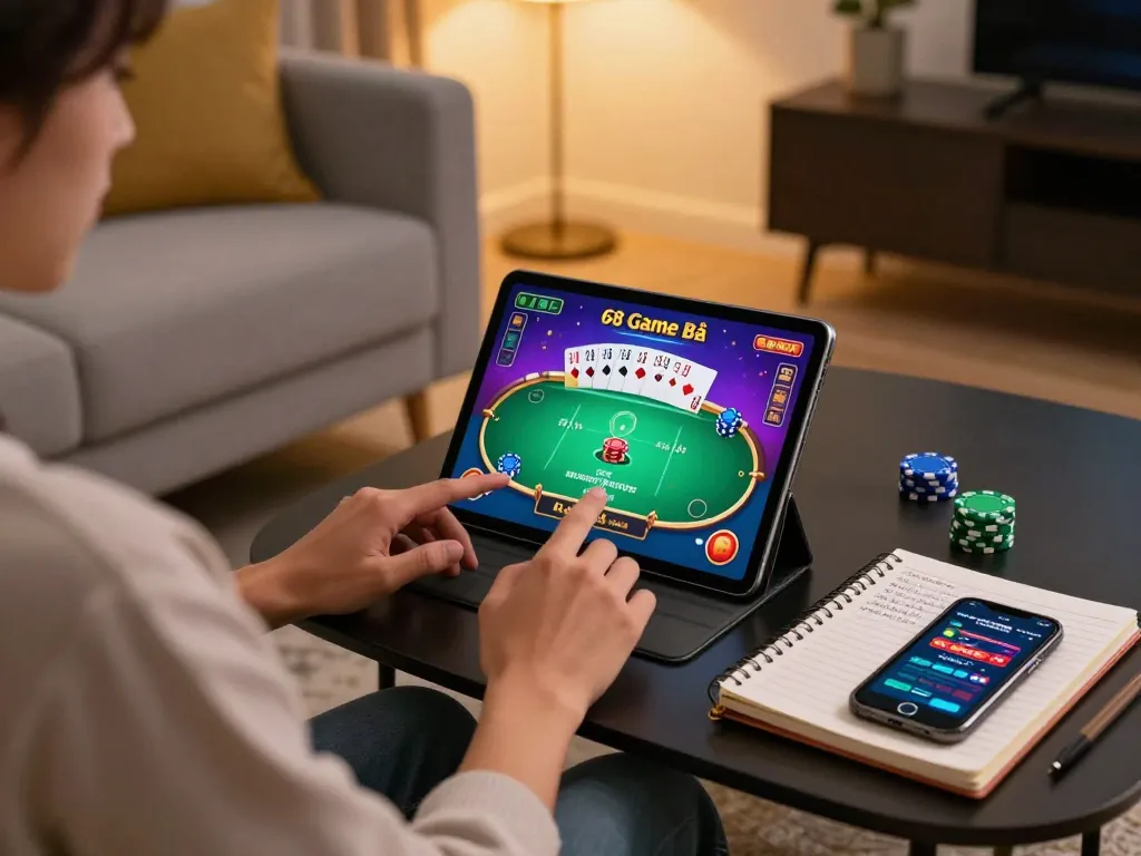 Engaging the gameplay on 68 Game Bài with a tablet in a stylish home setting