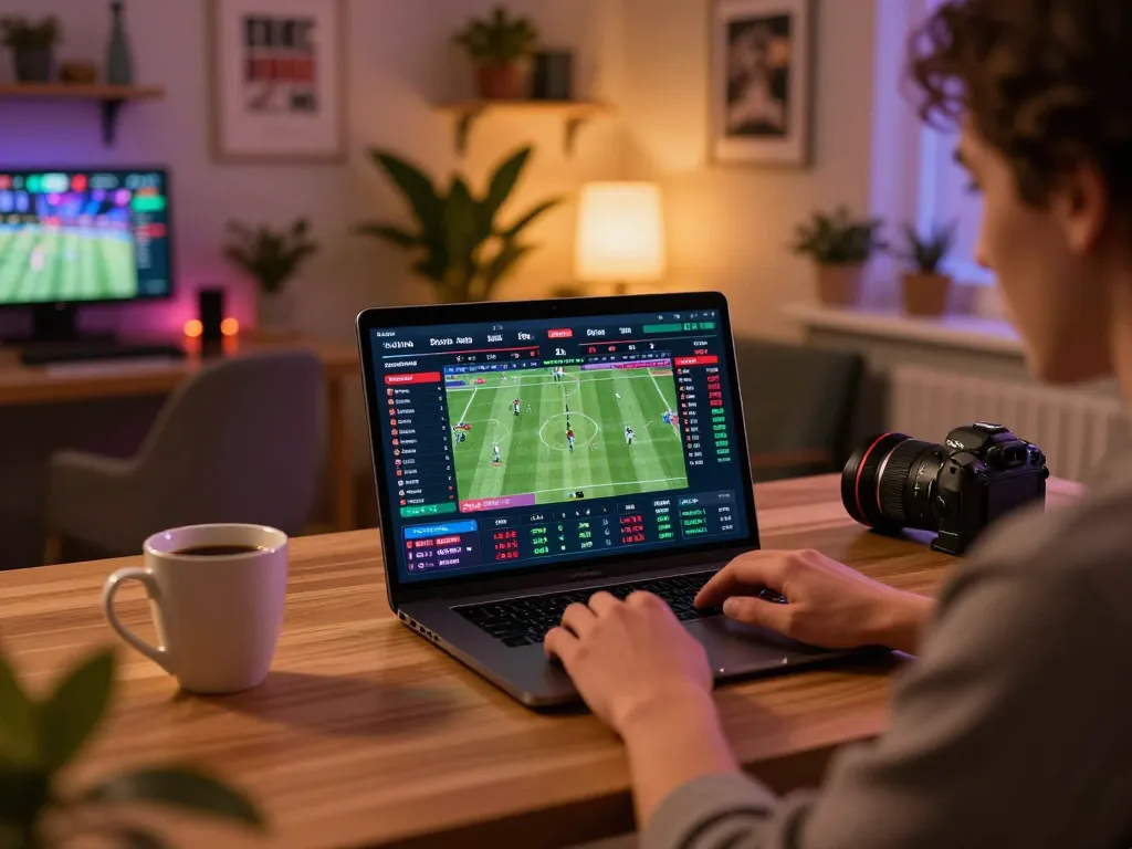 Engaging in online betting with laptop featuring keo nha cai, showcasing dynamic odds and match details.