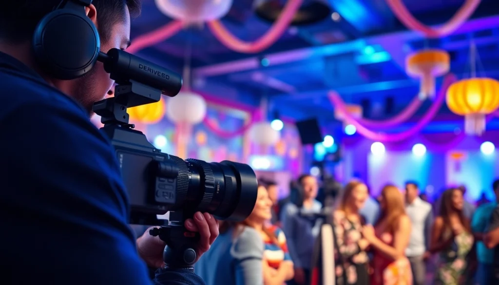 Event videography capturing a vibrant celebration with guests and a dedicated videographer.
