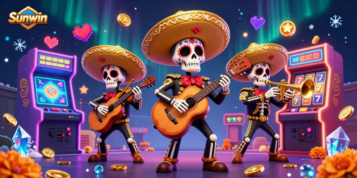 Win big with Sunwin at a vibrant 3D casino featuring a mariachi band and slots.