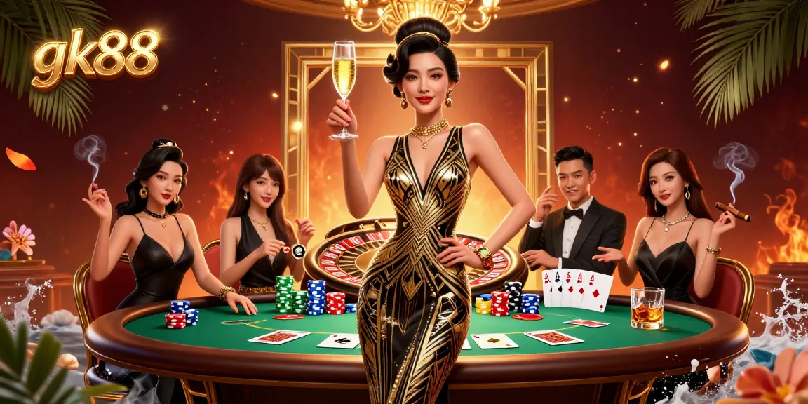 Experience the thrilling gameplay of gk88 with a glamorous casino scene, featuring poker chips and cards.