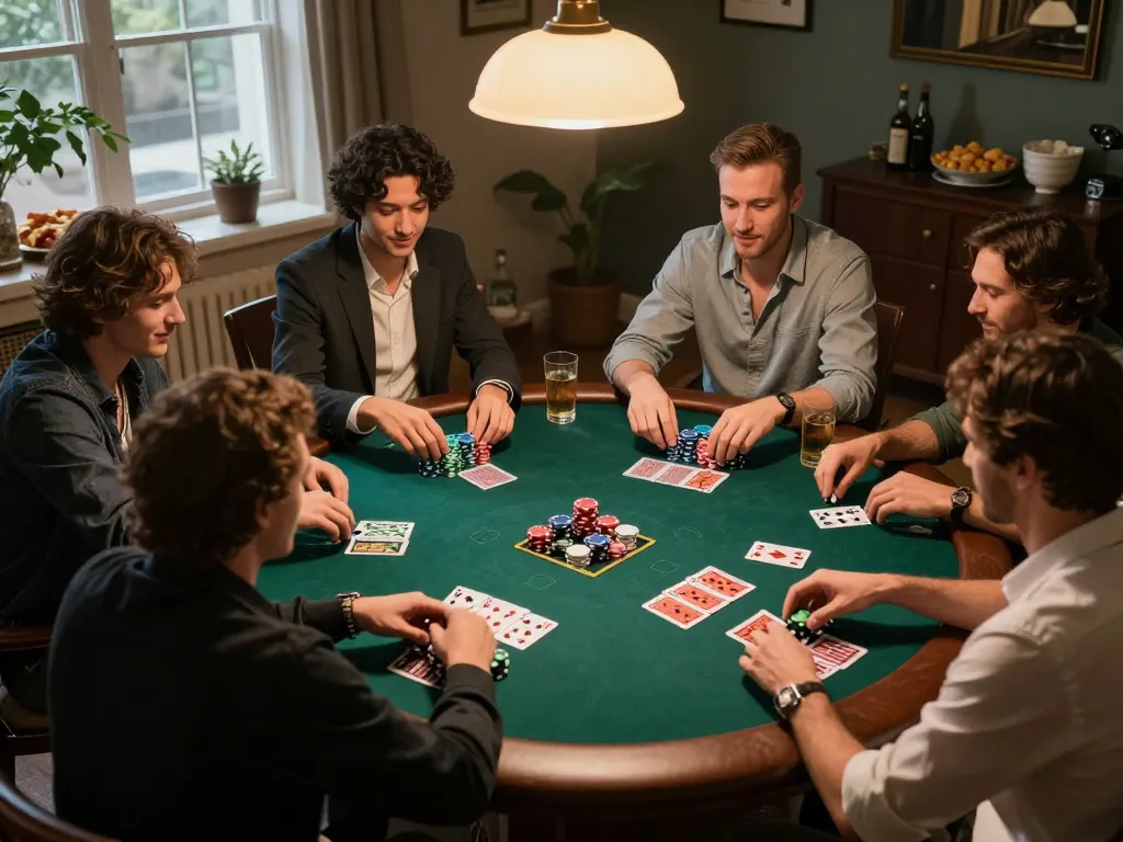 Situs Poker Lapak303 players enjoying poker night, strategizing with friends around a vibrant table.
