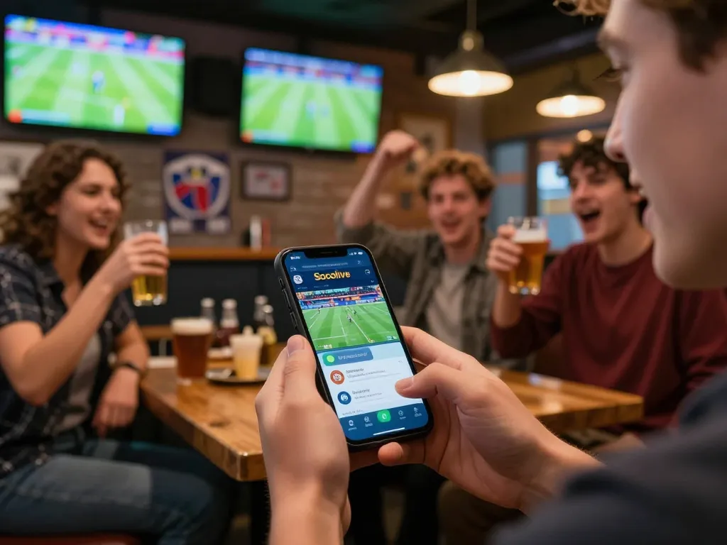 Socolive link shown on smartphone while friends cheer in sports bar during live football event