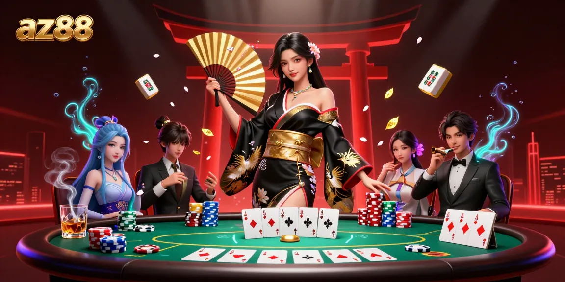 Experience thrilling poker action with az88 in a vibrant 3D casino scene featuring an elegant Asian woman.