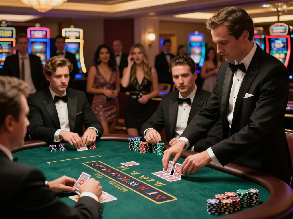 Engaged players strategizing at a high-stakes blackjack table featuring DA88 chips.