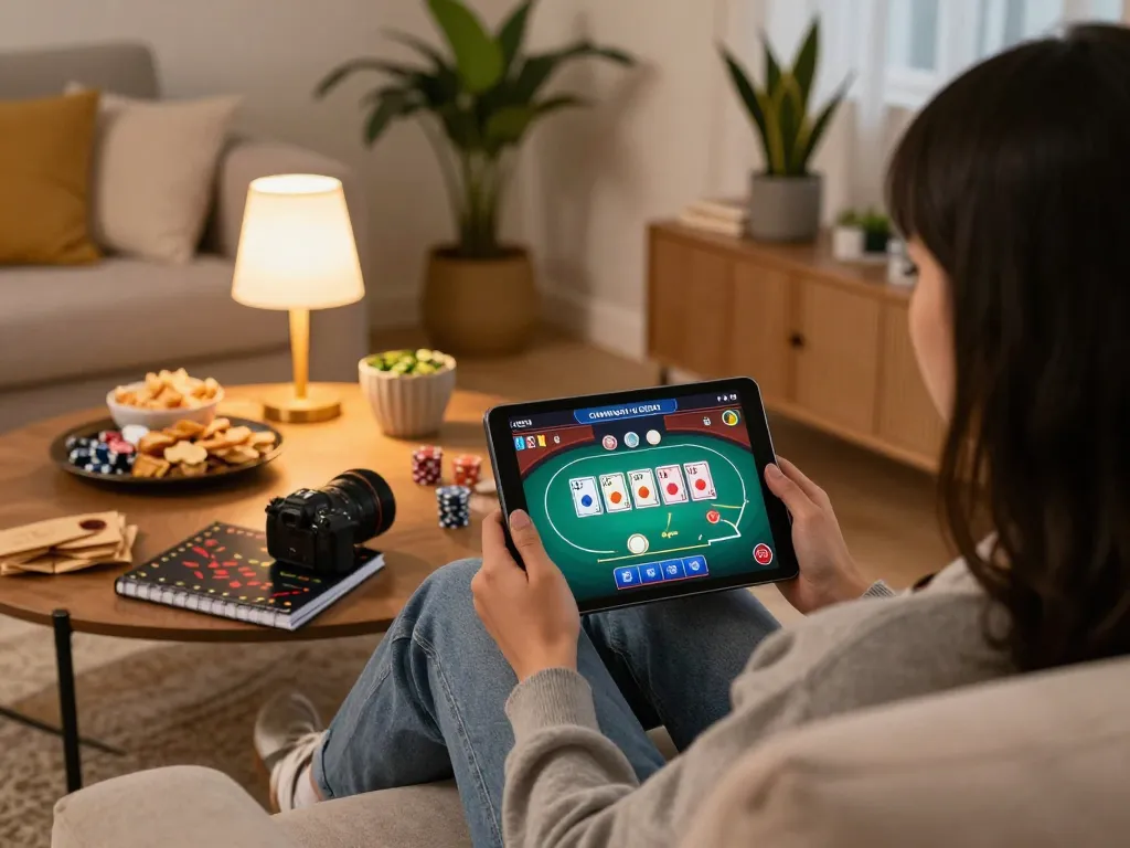 Player engaging with poker game on tablet through 88VIN in a cozy home setting, with strategic notes visible