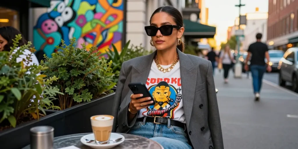 Vibrant fashion blog scene showcasing stylish outfit in urban café setting during golden hour.