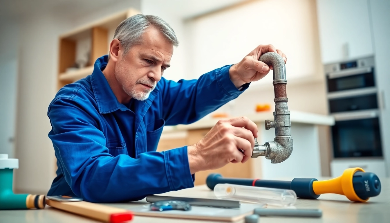 Plumber near me fixing a leaky pipe in a modern kitchen with tools in view.