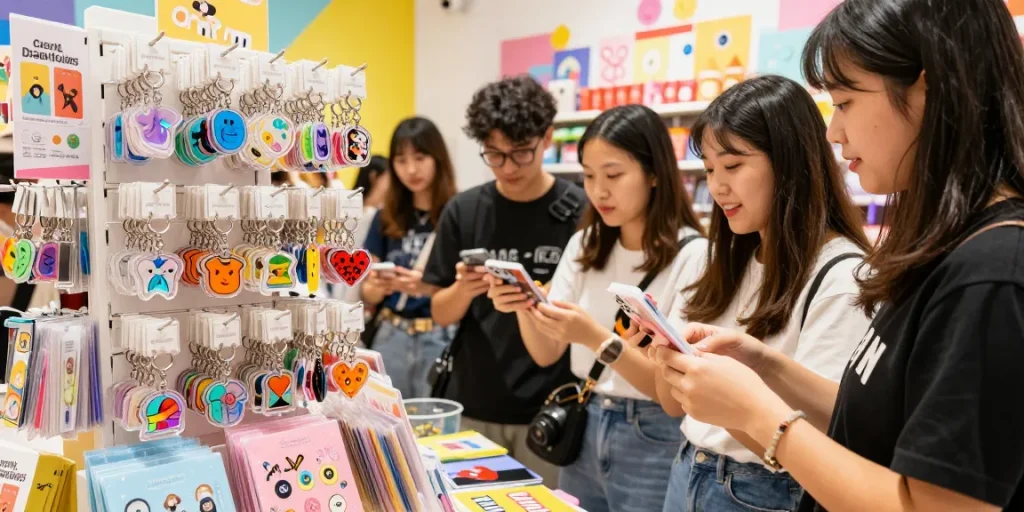 Eye-catching custom acrylic keychain collection displayed in a vibrant retail environment, highlighting creative designs and personalization.