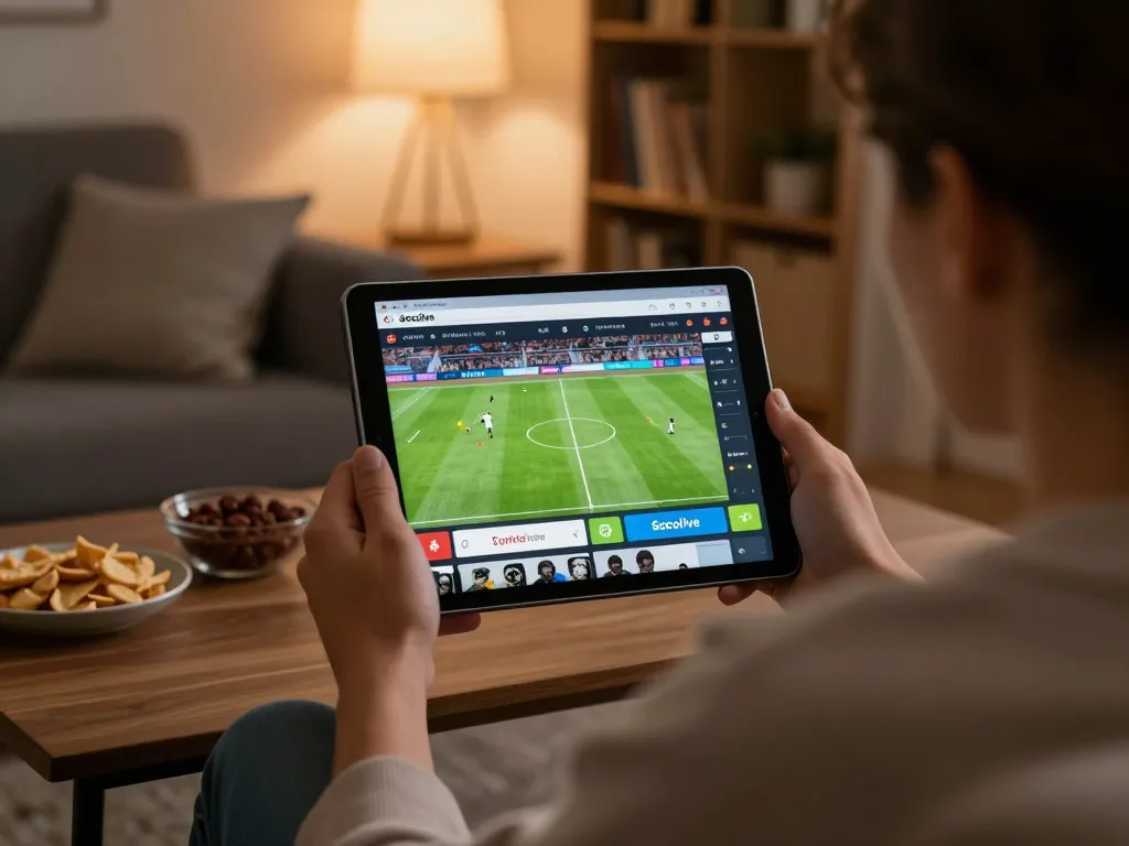 Socolive link displayed on tablet as user enjoys a live soccer match at home with snacks