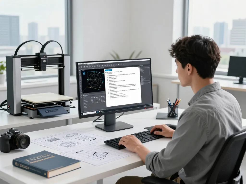 Engineer using text to cad software in modern workspace with CAD designs and 3D printer.