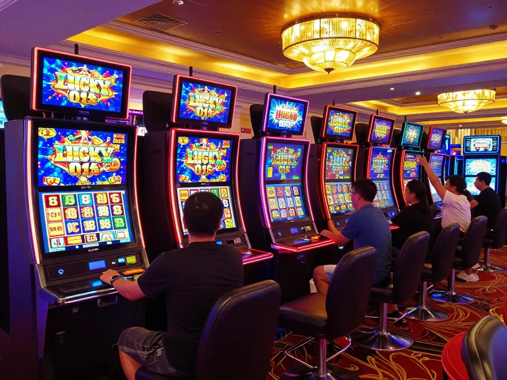 Players enjoying the Lucky 88 slot machine with bright displays and vibrant atmosphere