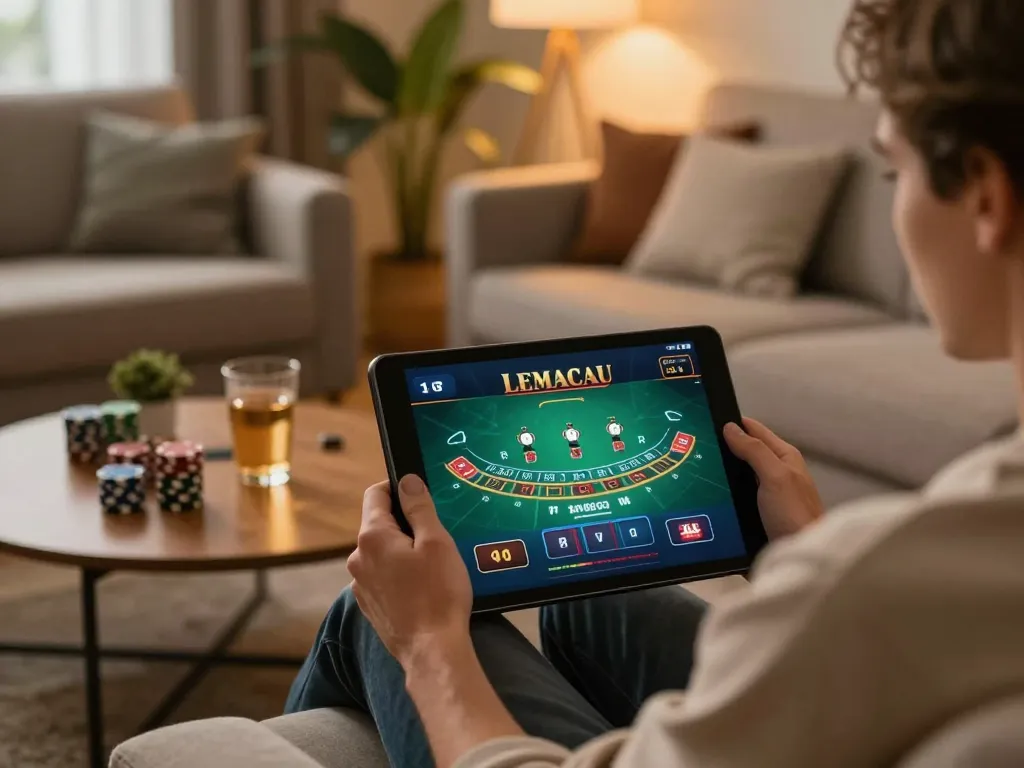 LEMACAU player enjoying online blackjack game on tablet at home with strategic setup.