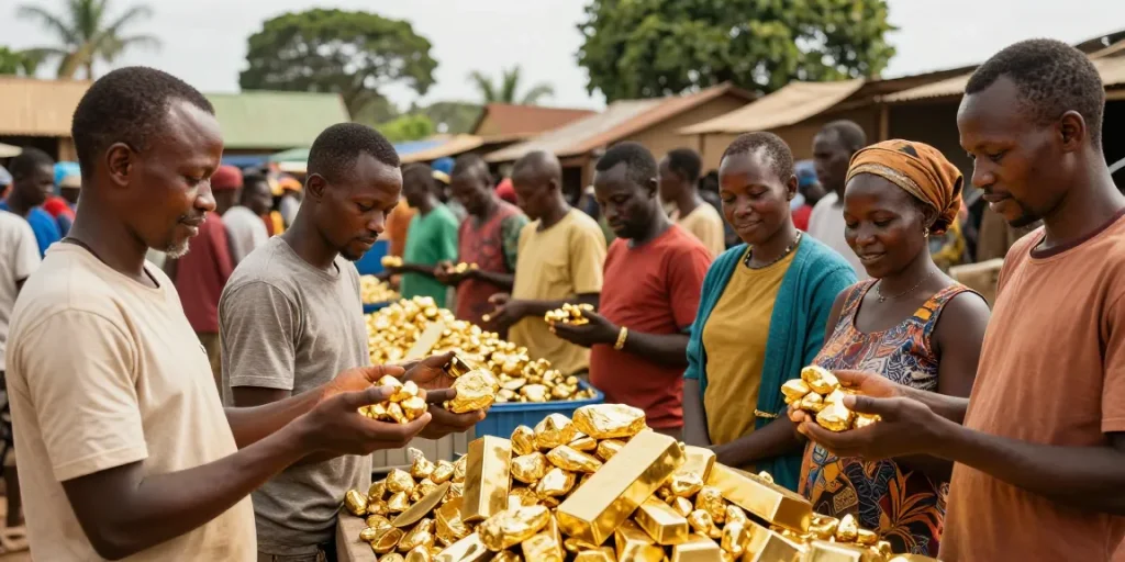 Gold market scene highlighting licensed gold exporters Uganda with miners and buyers engaging in trade.