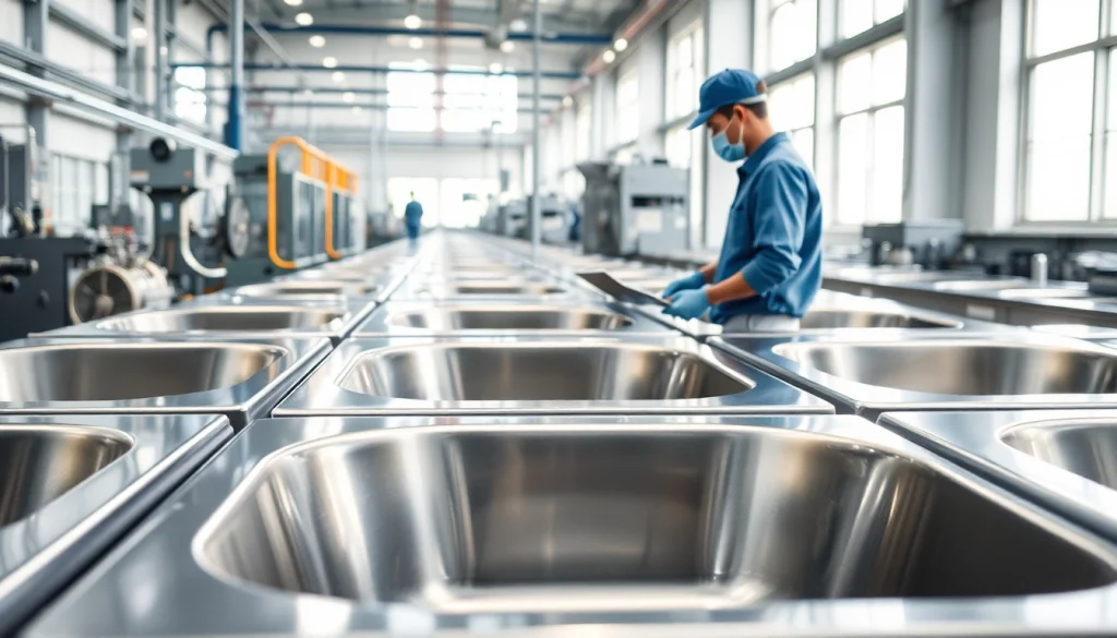 Worker inspecting stainless steel basin at a busy stainless steel basin factory.