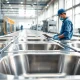 Worker inspecting stainless steel basin at a busy stainless steel basin factory.