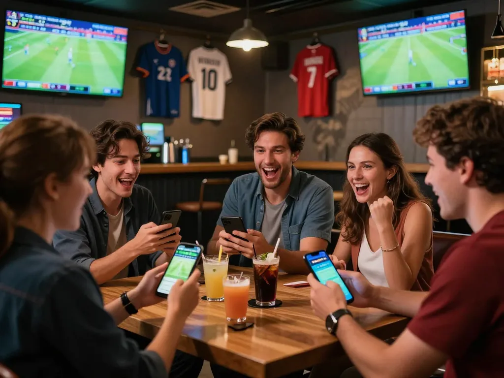Xoilac TV viewers passionately engaging in sports betting while enjoying live football in a vibrant bar atmosphere.