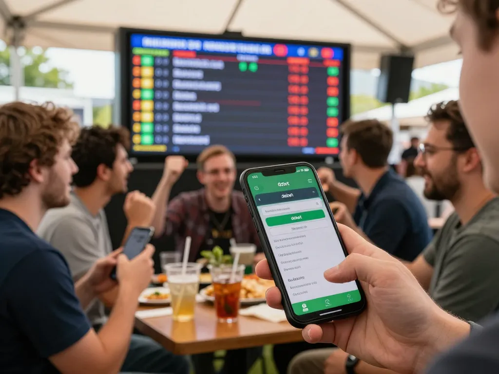 Cheering sports fans engaged in debet betting during a live event, smartphones in hand.
