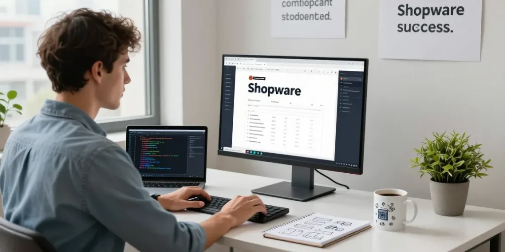 Shopware Agency expert freelancer working on innovative e-commerce solutions in a professional workspace.