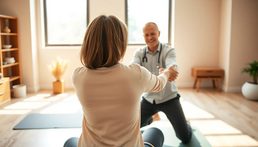 Illustration of how to relieve back pain through guided exercises in a welcoming clinic.