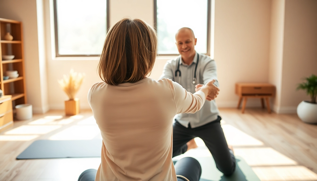Illustration of how to relieve back pain through guided exercises in a welcoming clinic.