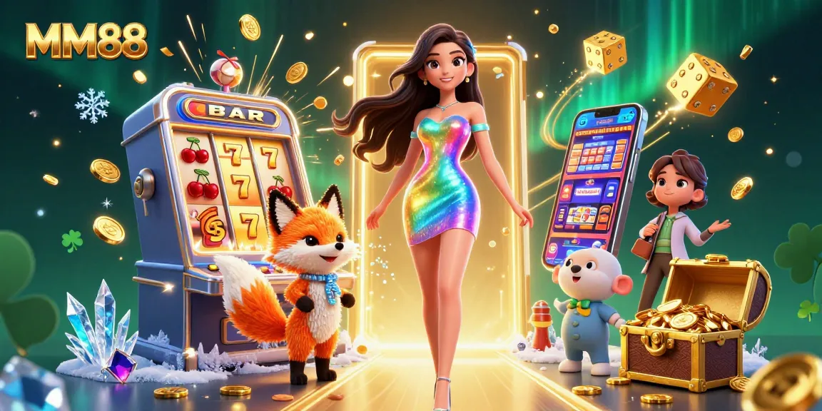 Experience the excitement of MM88 with vibrant casino elements, including slot machines and golden treasures.