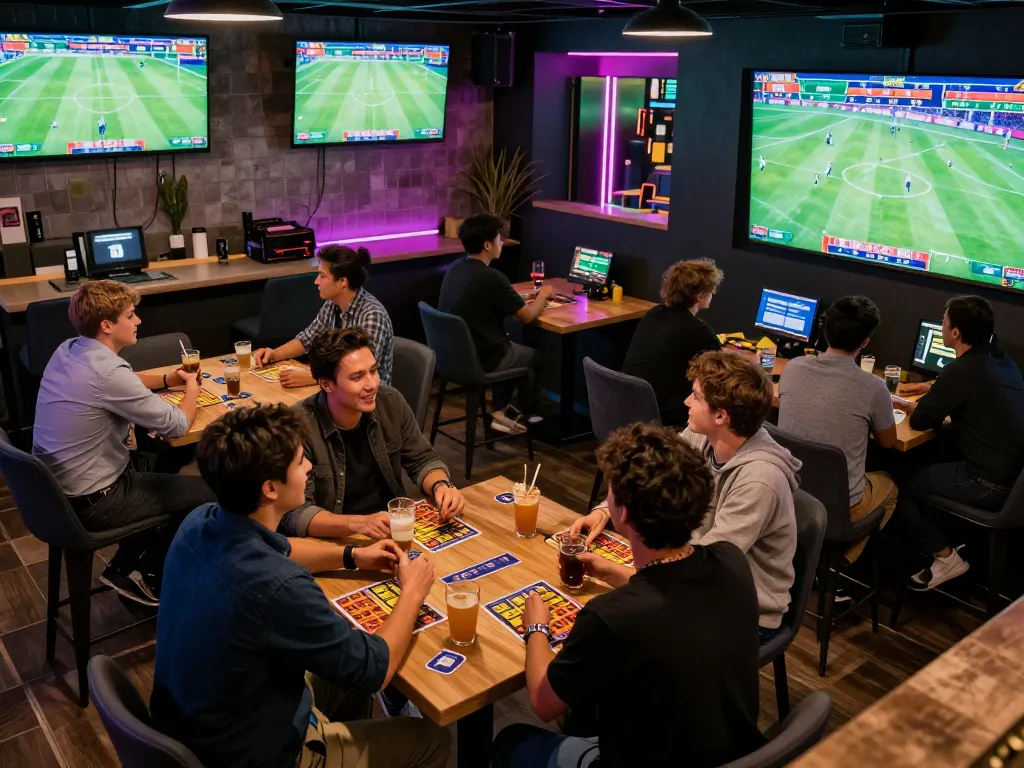 Socolive sports betting scene with friends enjoying live football match excitement and strategic discussions.