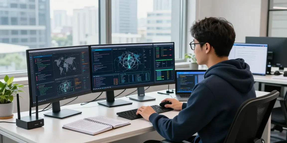 Professional using proxies on multiple screens in a modern tech workspace