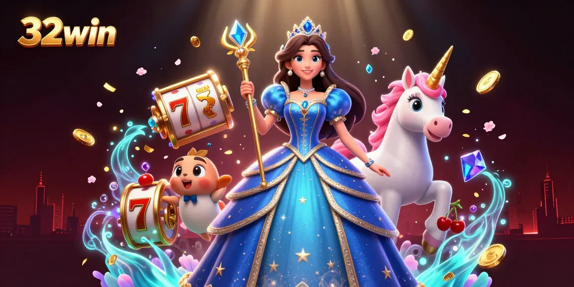 Experience thrilling wins with 32win's dynamic casino scene featuring vibrant game elements and enchanting characters.
