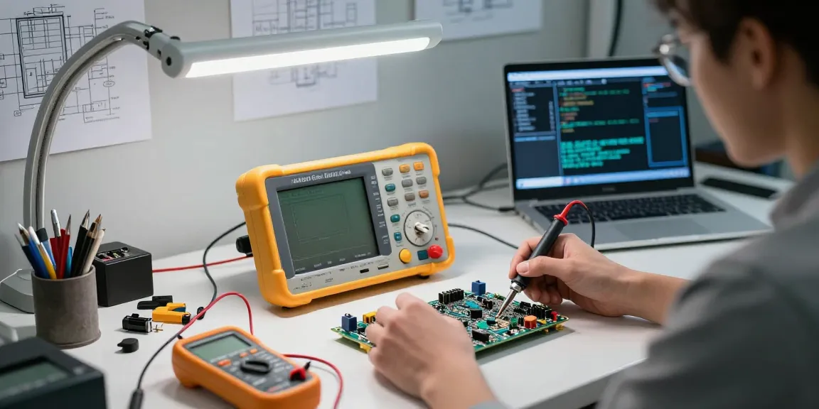 Engineer measuring signals with a handheld oscilloscope multimeter in a tech workshop.
