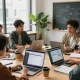 Professionals discussing NSFW content moderation in a vibrant urban co-working space.