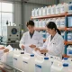 Warehouse team collaborating to buy chemicals in bulk with organized chemical containers in bright setting.