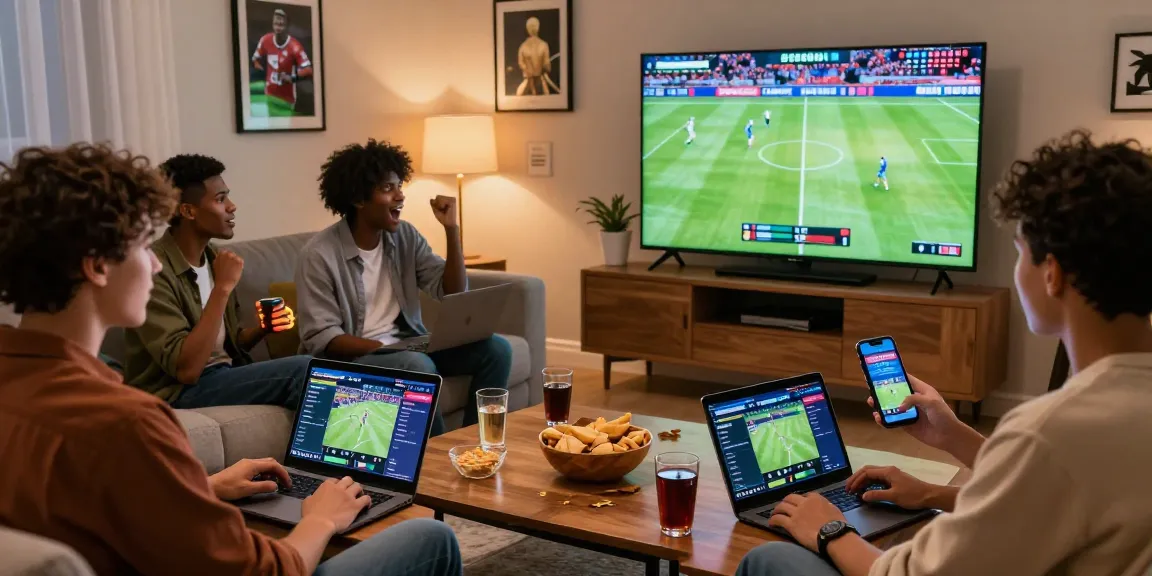 Friends enjoying SBOBET sports betting experience in a lively living room.